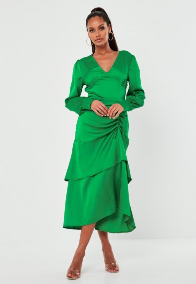 MISSGUIDED green satin ruched side tiered midi dress
