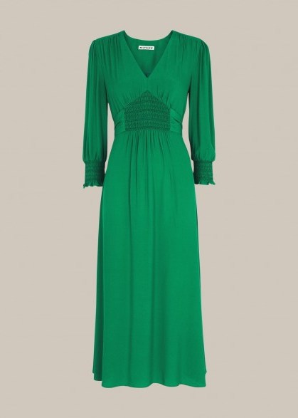 WHISTLES ZENNA SHIRRED WAIST DRESS – green dresses - flipped