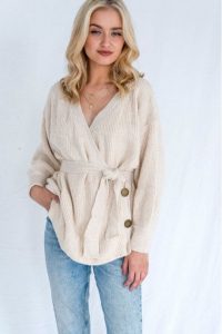 THE FASHION BIBLE BEIGE OVERSIZED BALLOON SLEEVE LONG KNITTED MAXI CARDIGAN