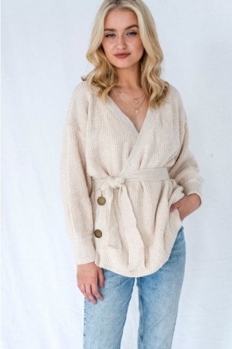 THE FASHION BIBLE BEIGE OVERSIZED BALLOON SLEEVE LONG KNITTED MAXI CARDIGAN - flipped