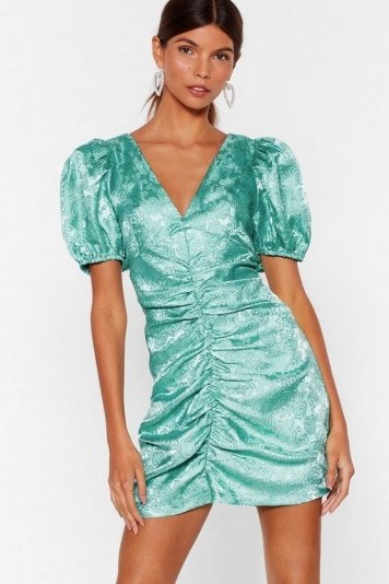 NASTY GAL Hey There Hot Puff Satin Jacquard Dress in Teal – ruched party dresses - flipped