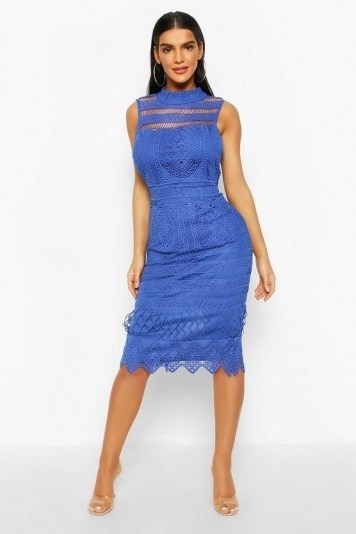 boohoo High Neck Crochet Lace Bodycon Midi Dress in Cobalt - flipped