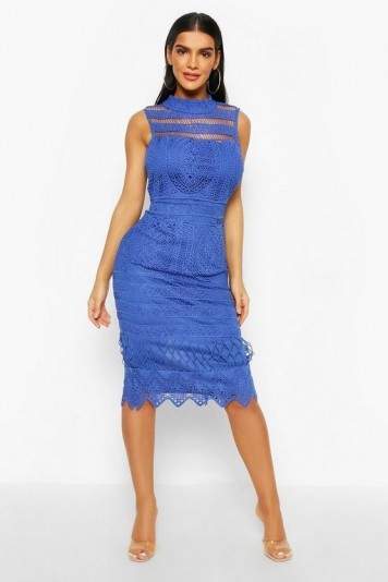 boohoo High Neck Crochet Lace Bodycon Midi Dress in Cobalt