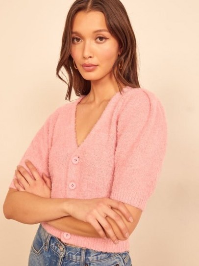 REFORMATION Hope Cardigan in Pink – fluffy knits - flipped