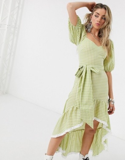 Green check dress – House Of Stars high low tea dress with statement sleeves in lime gingham - flipped
