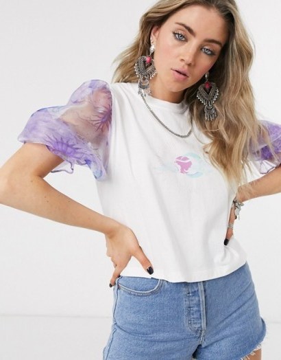 House Of Stars relaxed t-shirt with celestial organza puff sleeves – sheer purple fabric - flipped