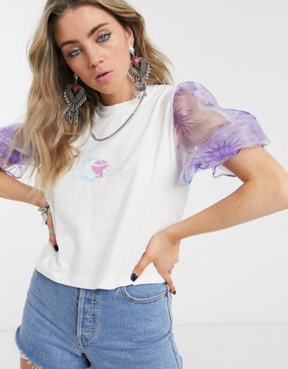 House Of Stars relaxed t-shirt with celestial organza puff sleeves – sheer purple fabric