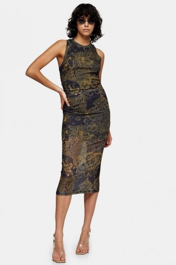 Sheer dress – TOPSHOP IDOL Scenic Mesh Printed Midi Dress Navy Blue