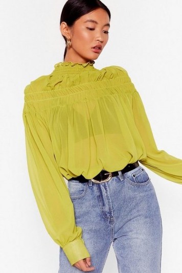 NASTY GAL If It Ain’t Got That Swing Chiffon Shirred Blouse in Lime – sheer high neck blouses - flipped