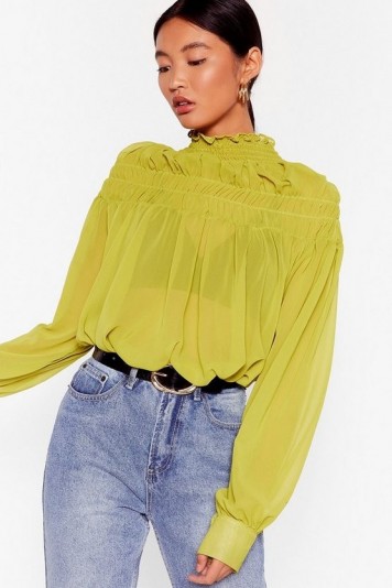 NASTY GAL If It Ain’t Got That Swing Chiffon Shirred Blouse in Lime – sheer high neck blouses