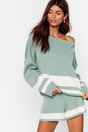 Green Loungewear – NASTY GAL I’ll Be Stripe Back Jumper and Shorts Lounge Set in sage - flipped