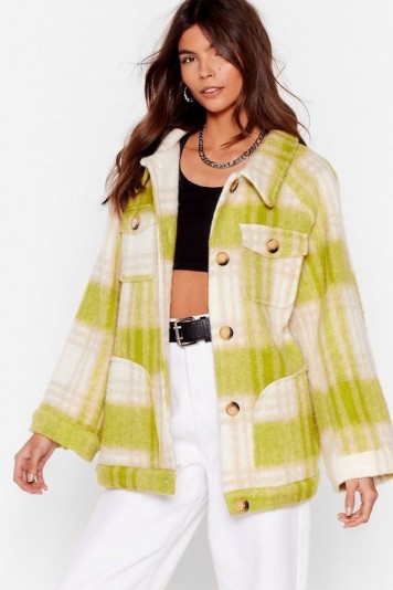 NASTY GAL I’m In a Brushed Oversized Check Jacket in Lime