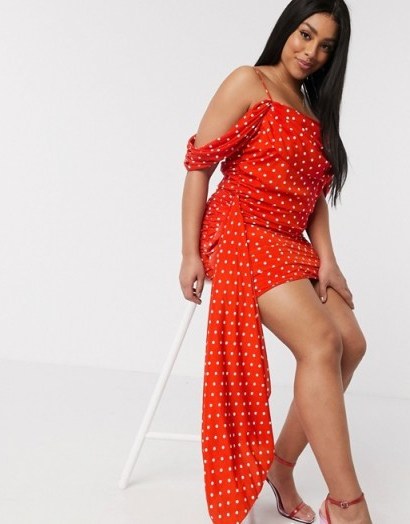 In The Style Plus x Jac Jossa exclusive drape off shoulder ruched mini dress with train detail in red polka print / glamorous evening look - flipped