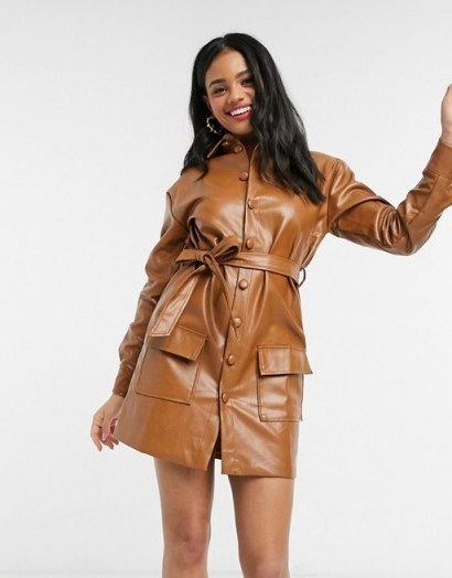 In The Style x Fashion Influx brown pu balloon belted sleeve dress - flipped