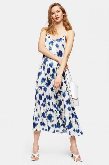 Topshop Ivory Floral Tiered Satin Slip Dress - flipped