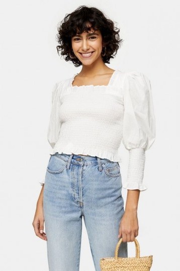 Topshop Ivory Shirred 3/4 Sleeve Top - flipped