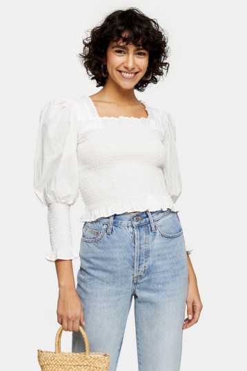 Topshop Ivory Shirred 3/4 Sleeve Top