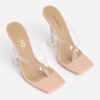 Stassie for EGO Jalen Square Toe Thong Clear Perspex Pyramid Heel Mule In Nude Patent – transparent heels