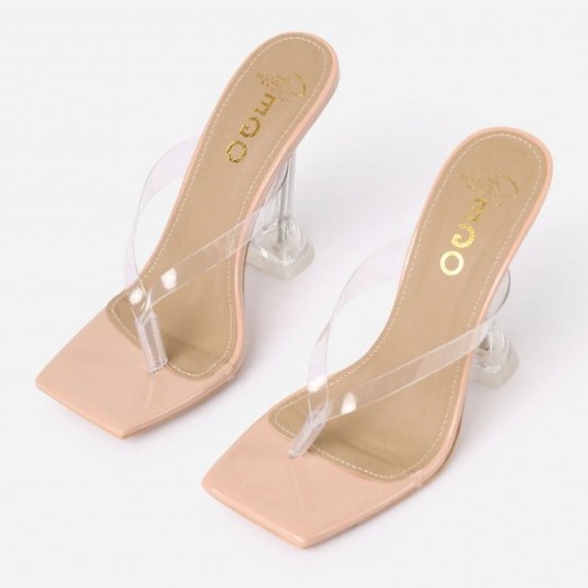 Stassie for EGO Jalen Square Toe Thong Clear Perspex Pyramid Heel Mule In Nude Patent – transparent heels - flipped