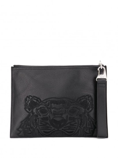 KENZO tiger embroidered black leather clutch / men’s pouch bags - flipped