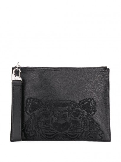 KENZO tiger embroidered black leather clutch / men’s pouch bags