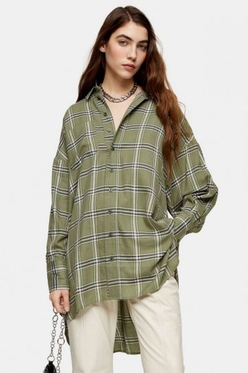TOPSHOP Khaki Oversized Check Shirt – drop shoulder shirts - flipped