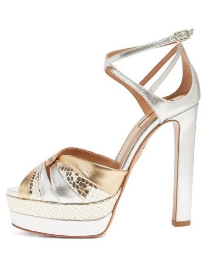 AQUAZZURA La Di Da 130 platform metallic-leather sandals in gold ~ luxe party shoes - flipped