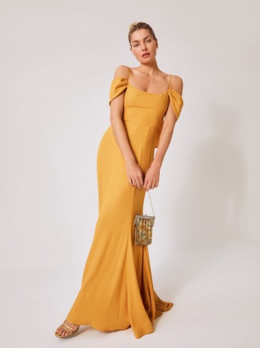 Reformation Larkspur Dress in Ochre | maxi dresses for summer occasions