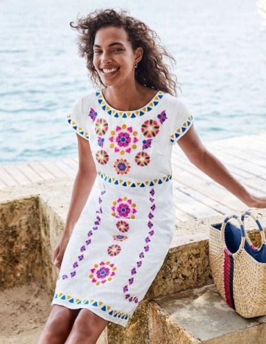 Boden Laura Linen Embroidered Dress in White ~ fresh summer look - flipped