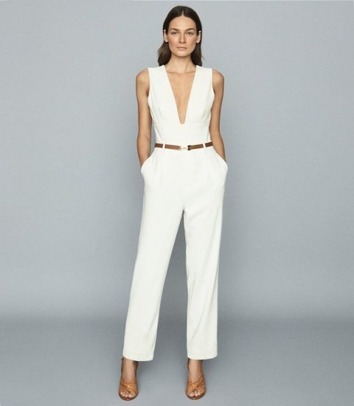 REISS LINA PLUNGE TAILORED JUMPSUIT WHITE ~ deep plunging jumpsuits - flipped