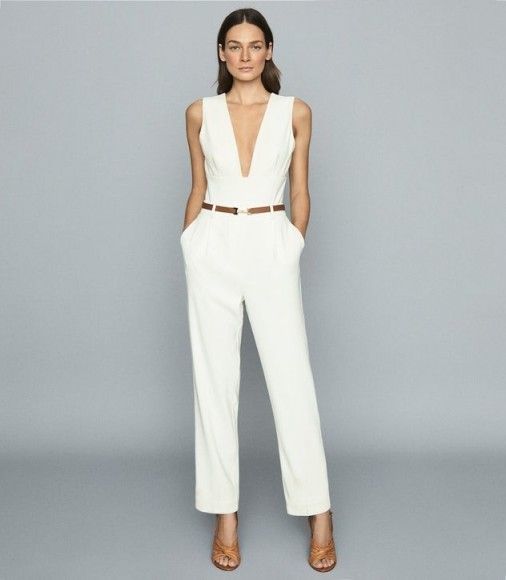REISS LINA PLUNGE TAILORED JUMPSUIT WHITE ~ deep plunging jumpsuits