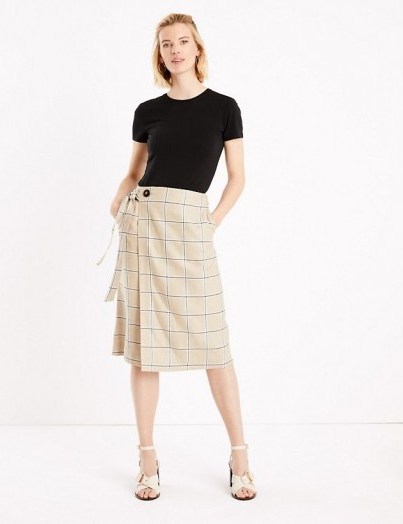 M&S COLLECTION Linen Checked Wrap Midi Skirt Brown Mix - flipped