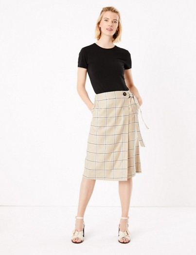 M&S COLLECTION Linen Checked Wrap Midi Skirt Brown Mix