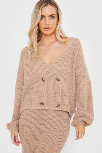 LORNA LUXE CAMEL COPENHAGEN DOUBLE BREASTED KNITTED CARDIGAN – slouchy cardigans