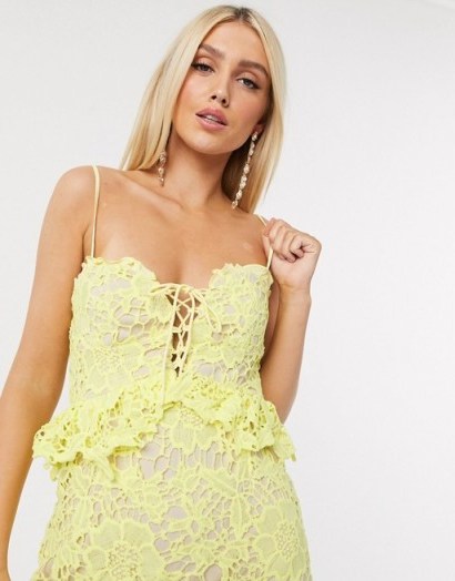 Love Triangle lace ruffle mini dress in lemon – pale yellow skinny-strap dresses - flipped