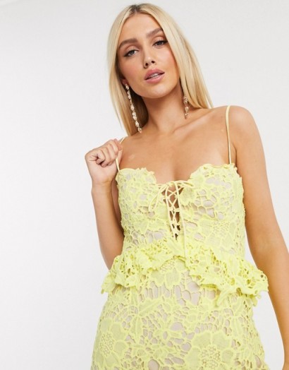 Love Triangle lace ruffle mini dress in lemon – pale yellow skinny-strap dresses