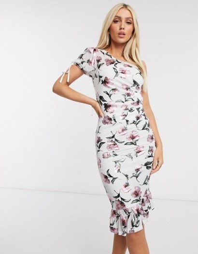 Love Triangle one shoulder midi pencil dress in metallic floral – side ruched bodycon
