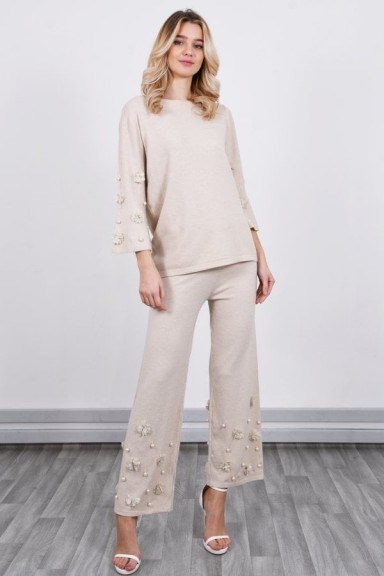 LUCY SPARKS LOUNGEWEAR CO ORD SET WITH PEARL DETAIL BEIGE - flipped