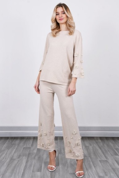 LUCY SPARKS LOUNGEWEAR CO ORD SET WITH PEARL DETAIL BEIGE