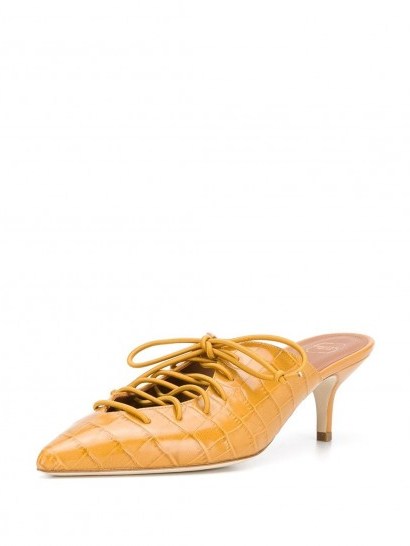 MALONE SOULIERS Annie 45mm lace-up mule sandals in mustard-yellow leatther / crocodile embossed mules - flipped