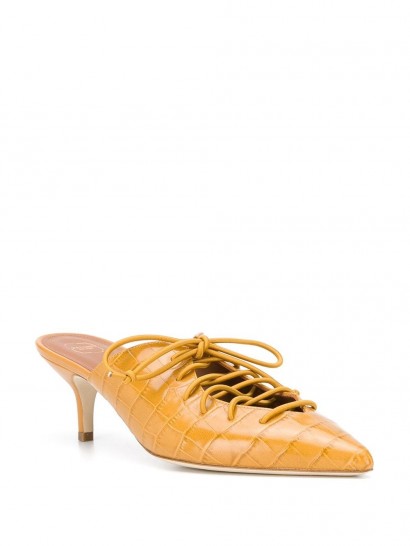 MALONE SOULIERS Annie 45mm lace-up mule sandals in mustard-yellow leatther / crocodile embossed mules
