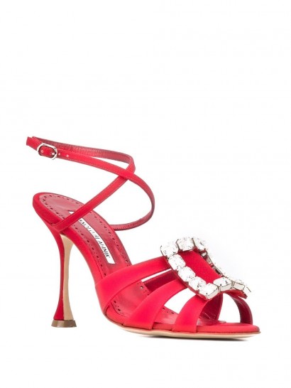 MANOLO BLAHNIK Ticuna crystal sandals in red silk satin
