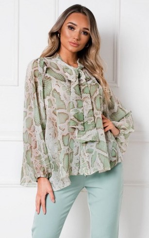 Ikrush Marcella Tie Neck Shirt Top in Green - flipped