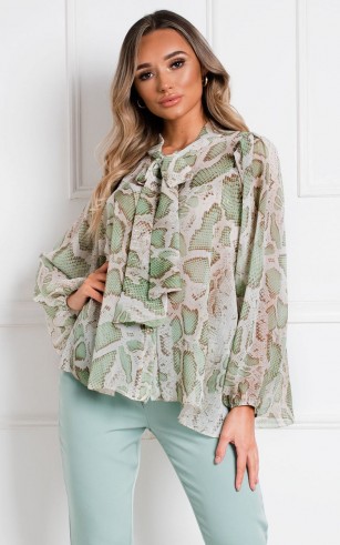 Ikrush Marcella Tie Neck Shirt Top in Green