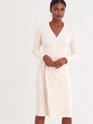 Diane von Furstenberg Marie Ribbed Cotton-Cashmere Wrap Dress in Ivory /  DVF knitwear