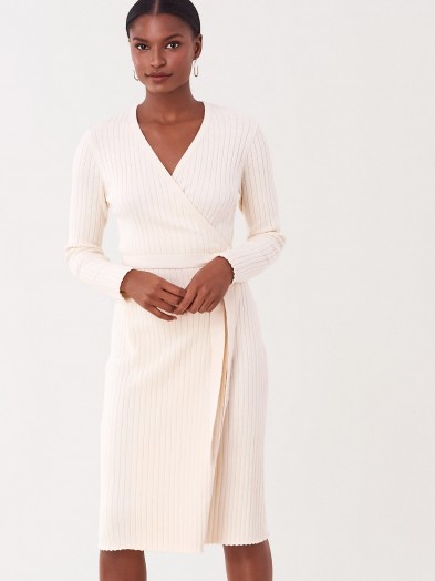 Diane von Furstenberg Marie Ribbed Cotton-Cashmere Wrap Dress in Ivory / DVF knitwear