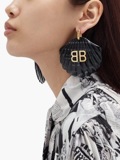 BALENCIAGA Black Mermaid BB-logo shell drop earrings - flipped