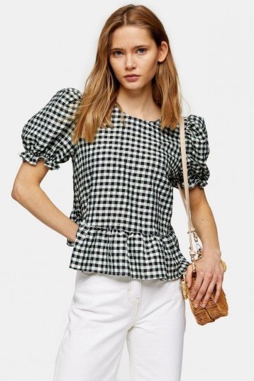 Topshop Mint Check Bow Back Puff Blouse | gingham blouses - flipped