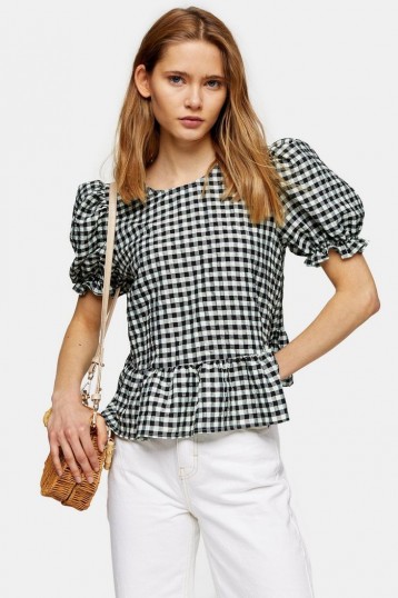 Topshop Mint Check Bow Back Puff Blouse | gingham blouses