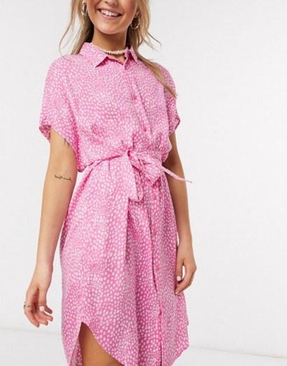 Monki Ninni dot print belted shirt dress in pink – curved hem dresses - flipped